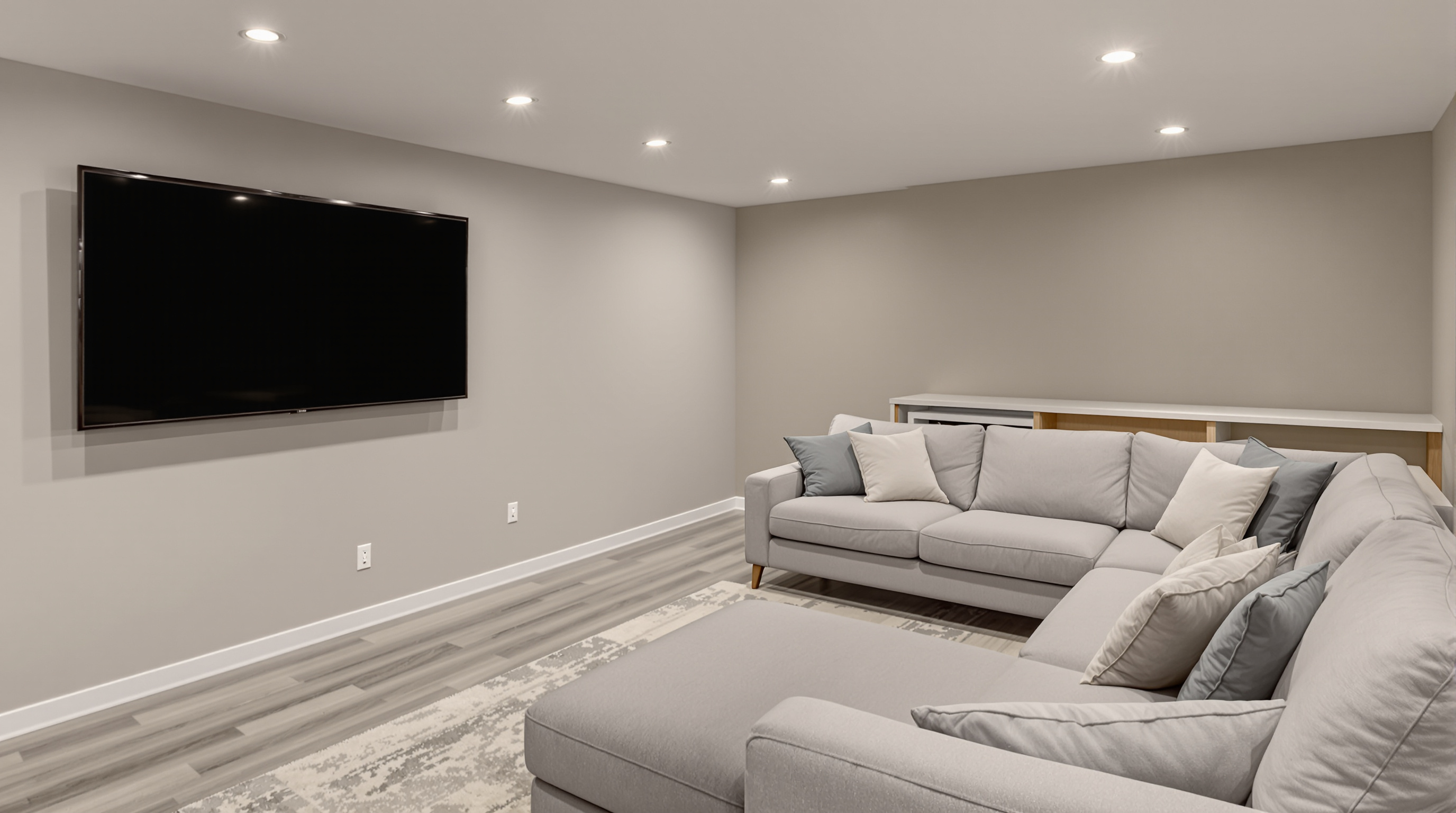 Finished basement with drop ceiling and vinyl plank flooring
